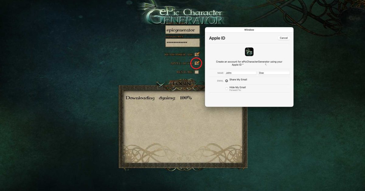 ePic Character Generator Apple Auth